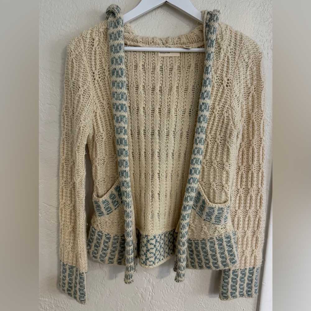 Cream Knit Open-Front Cardigan with Blue Trim